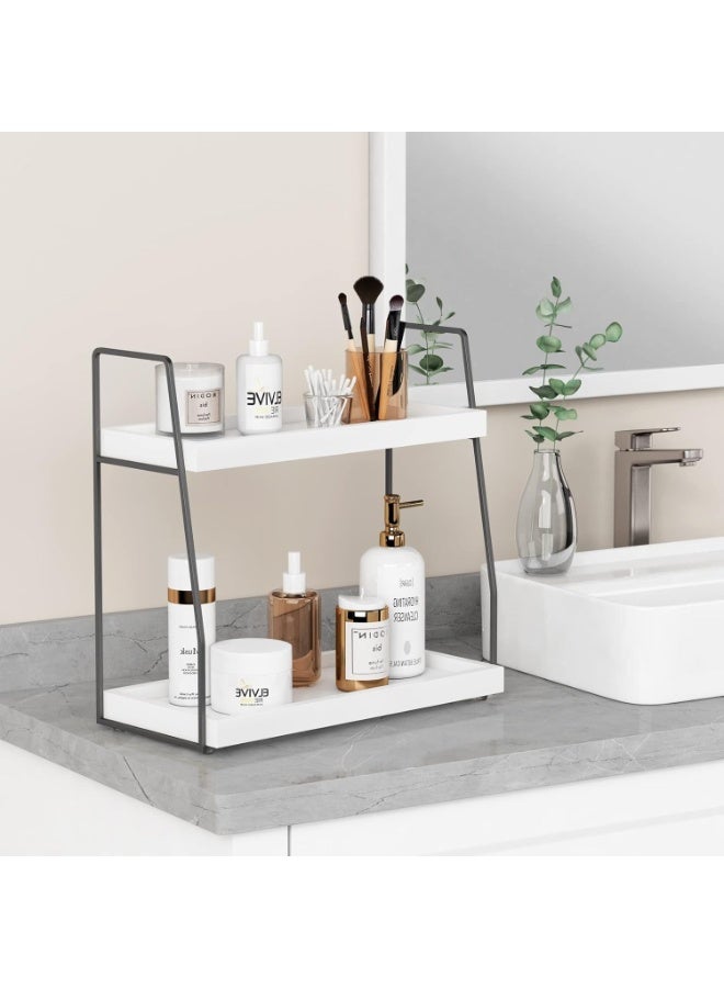 Bathroom Counter Organizer, 2 tier Bathrooom Organizer Over Toilet, Wood Countertop Corner Organizer Shelf for Vanity Accessories, Sink Organizer Tray for Makeup Bedroom (White-Grey) - Image 2